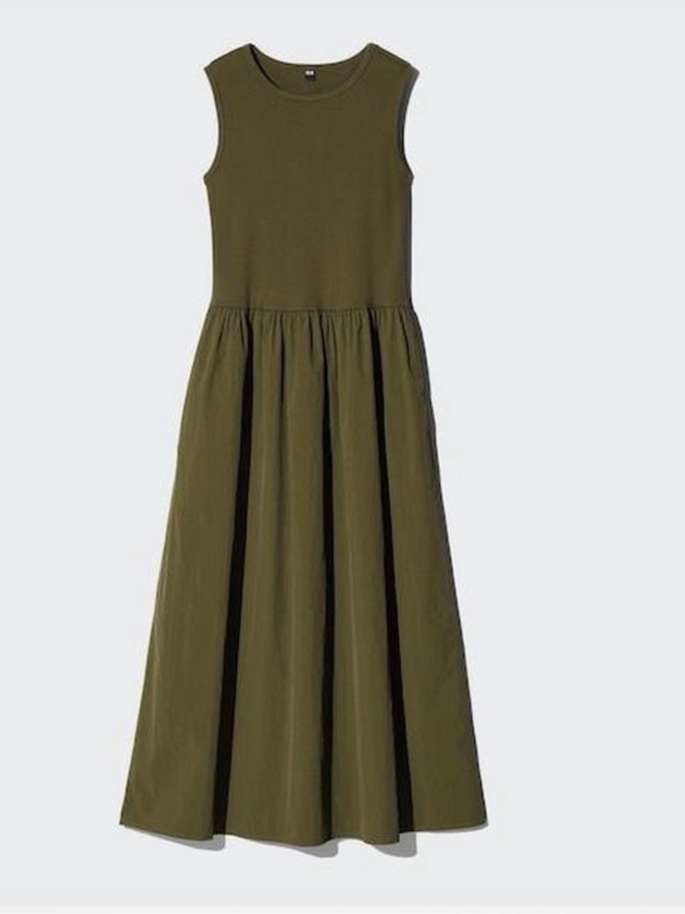 Uniqlo Sleeveless Olive Green Midi Dress with Pockets-size S